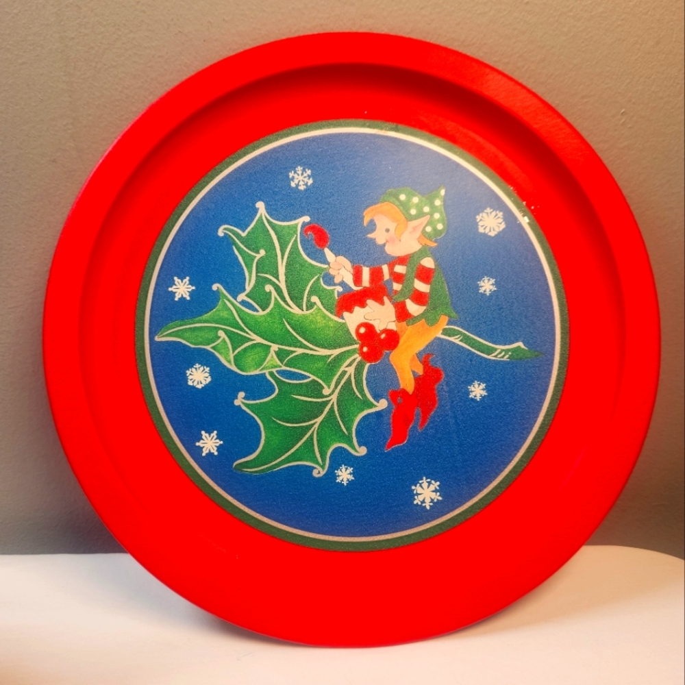 Vintage Christmas Metal Tin Serving Cookie Tray Plate Elf Design 12'' Round